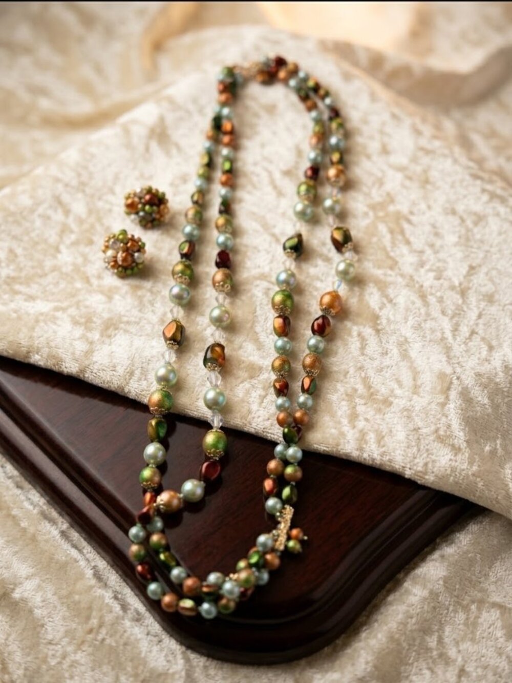 Vintage Wedding Cake Bead Necklace Clip Earrings Green Bronze Glass Set